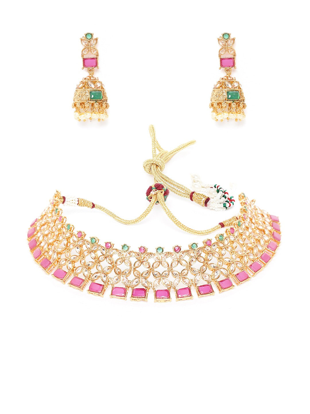 Pink Gold-Plated Stone-Studded Handcrafted Jewellery Set