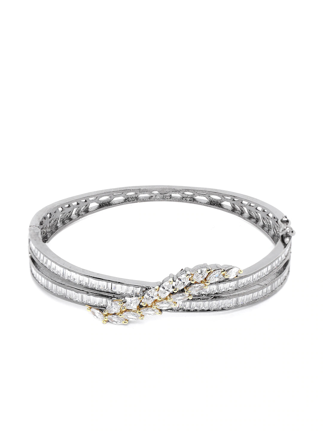 Women White & Gold-Toned Brass American Diamond Rhodium-Plated Kada Bracelet
