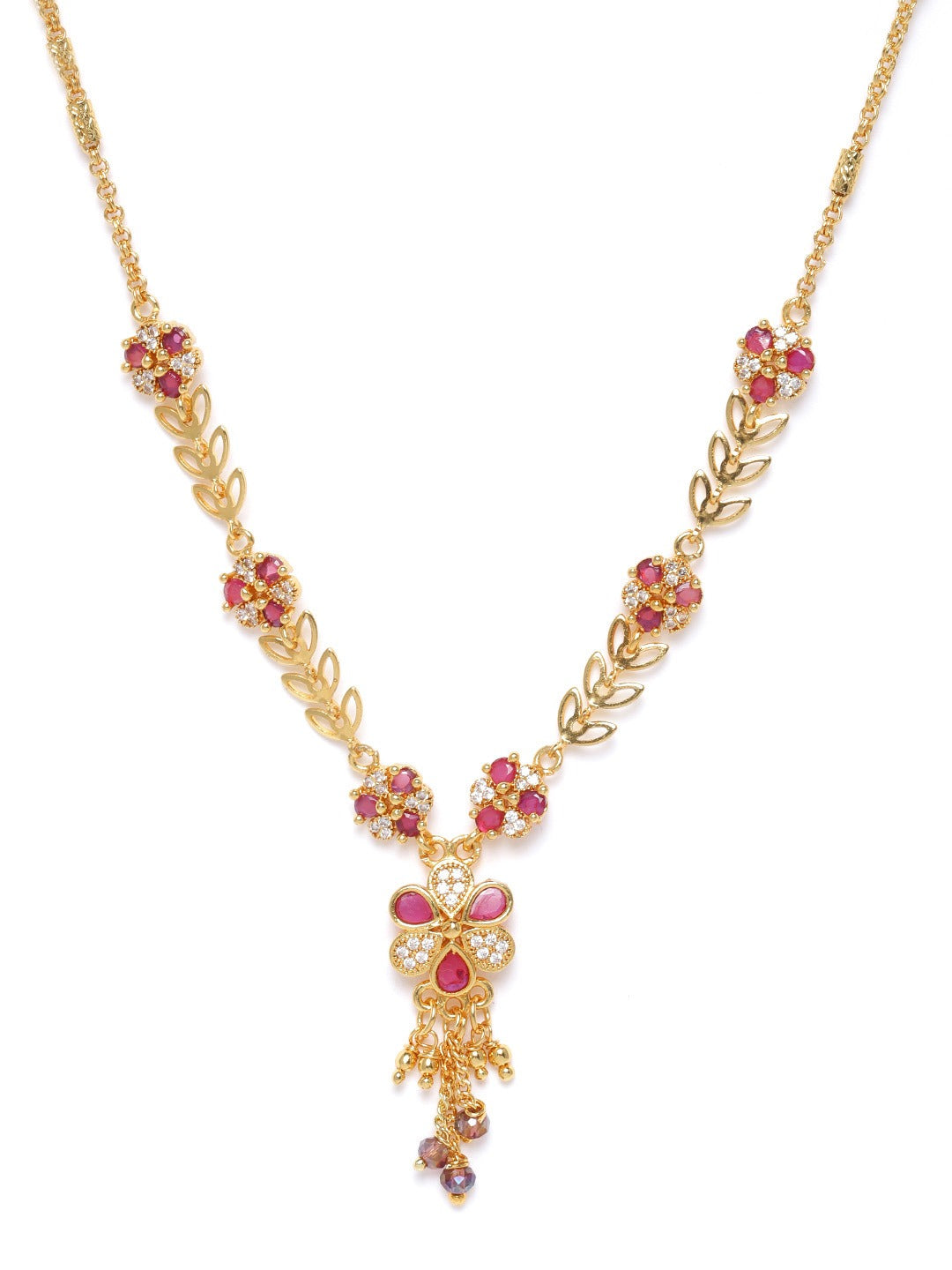 Magenta Gold-Plated AD-Studded & Beaded Handcrafted Floral Shaped Necklace