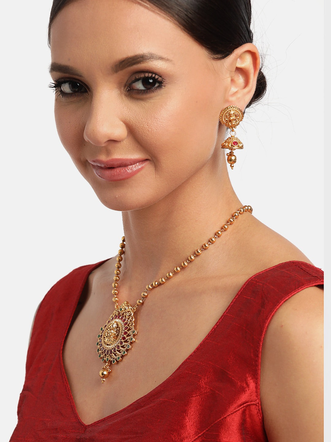 Green & Pink Gold-Plated Stone Studded Handcrafted Temple Jewellery Set