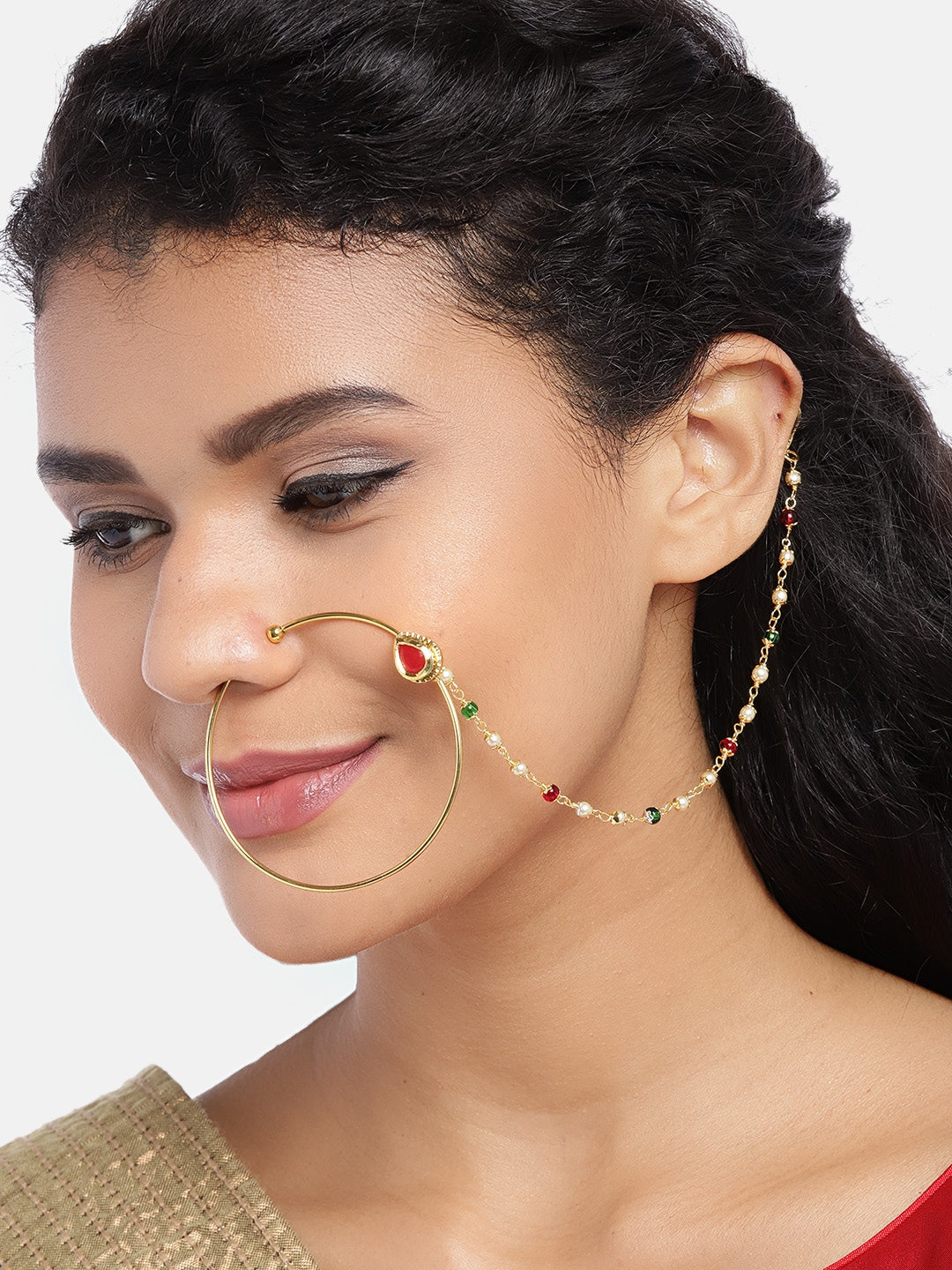 Red & Green Gold-Plated CZ-Studded & Beaded Handcrafted Chained Nose Ring