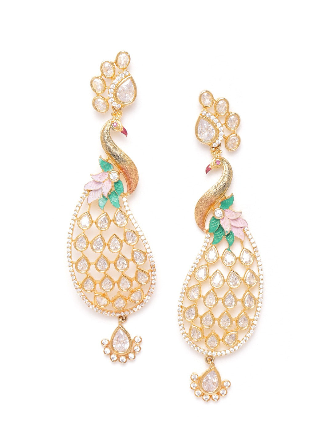 Peach-Coloured Gold-Plated Handcrafted AD Stones Peacock-Shaped Drop Earrings