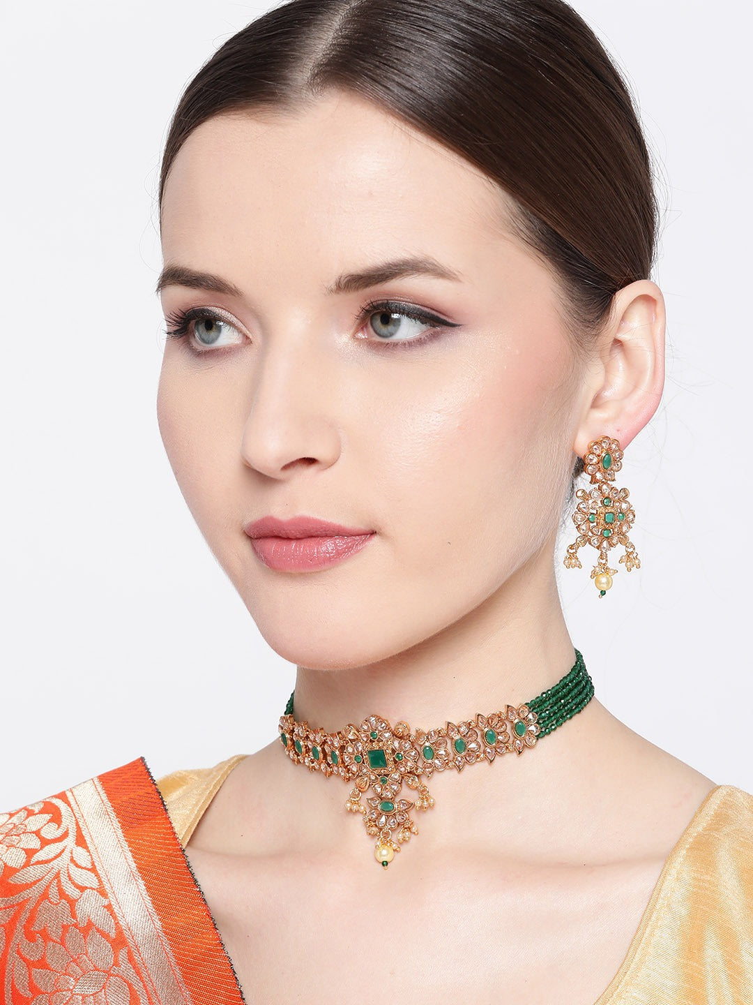 Green Gold-Plated Stone-Studded Beaded Handcrafted Jewellery Set