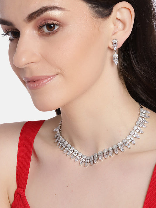 Silver-Toned Silver-Plated AD-Studded Handcrafted Jewellery Set ( American Diamond , Silver , Silver )