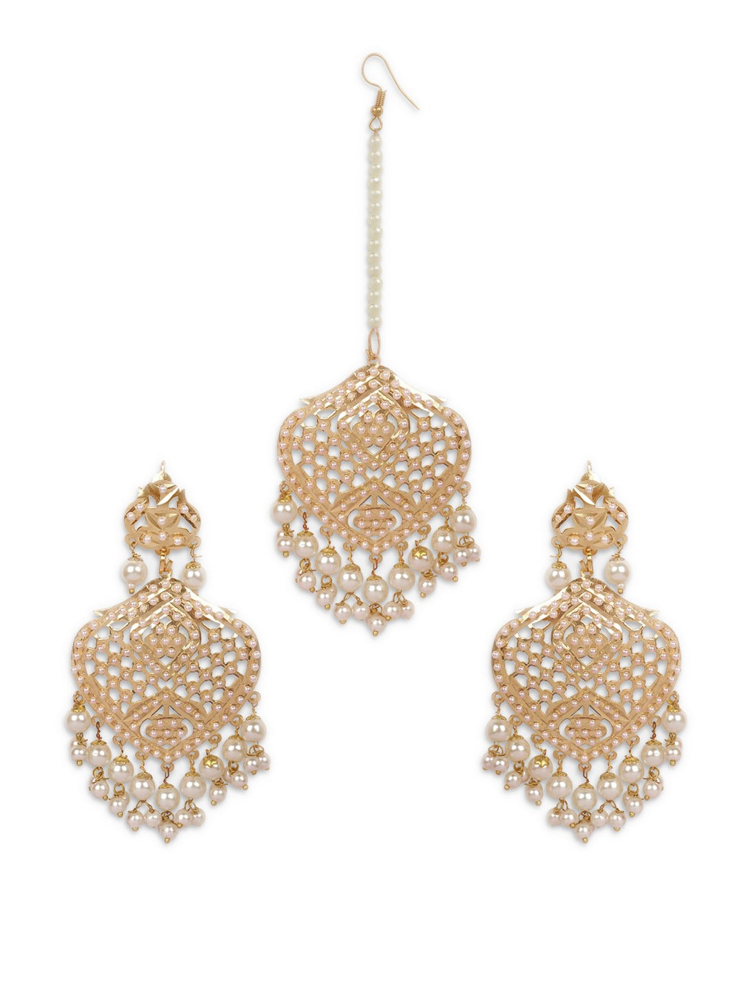 Gold-Plated White Pearl Beaded Jadau Jewellery Set