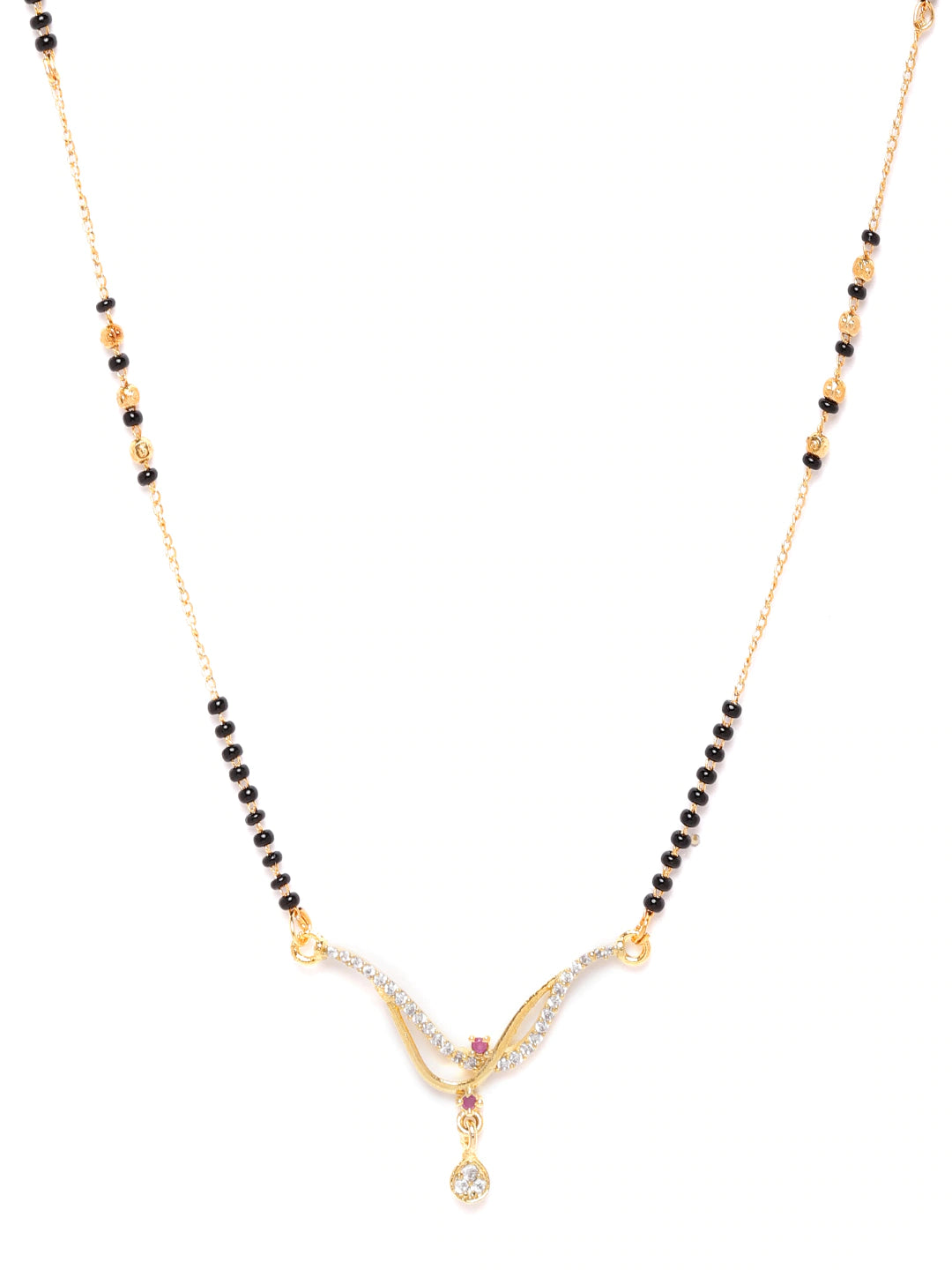 Black & Pink Gold-Plated Beaded & AD-Studded Mangalsutra