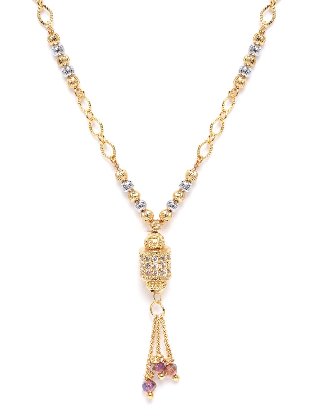 Silver-Toned Gold-Plated AD Studded Beaded Mangalsutra