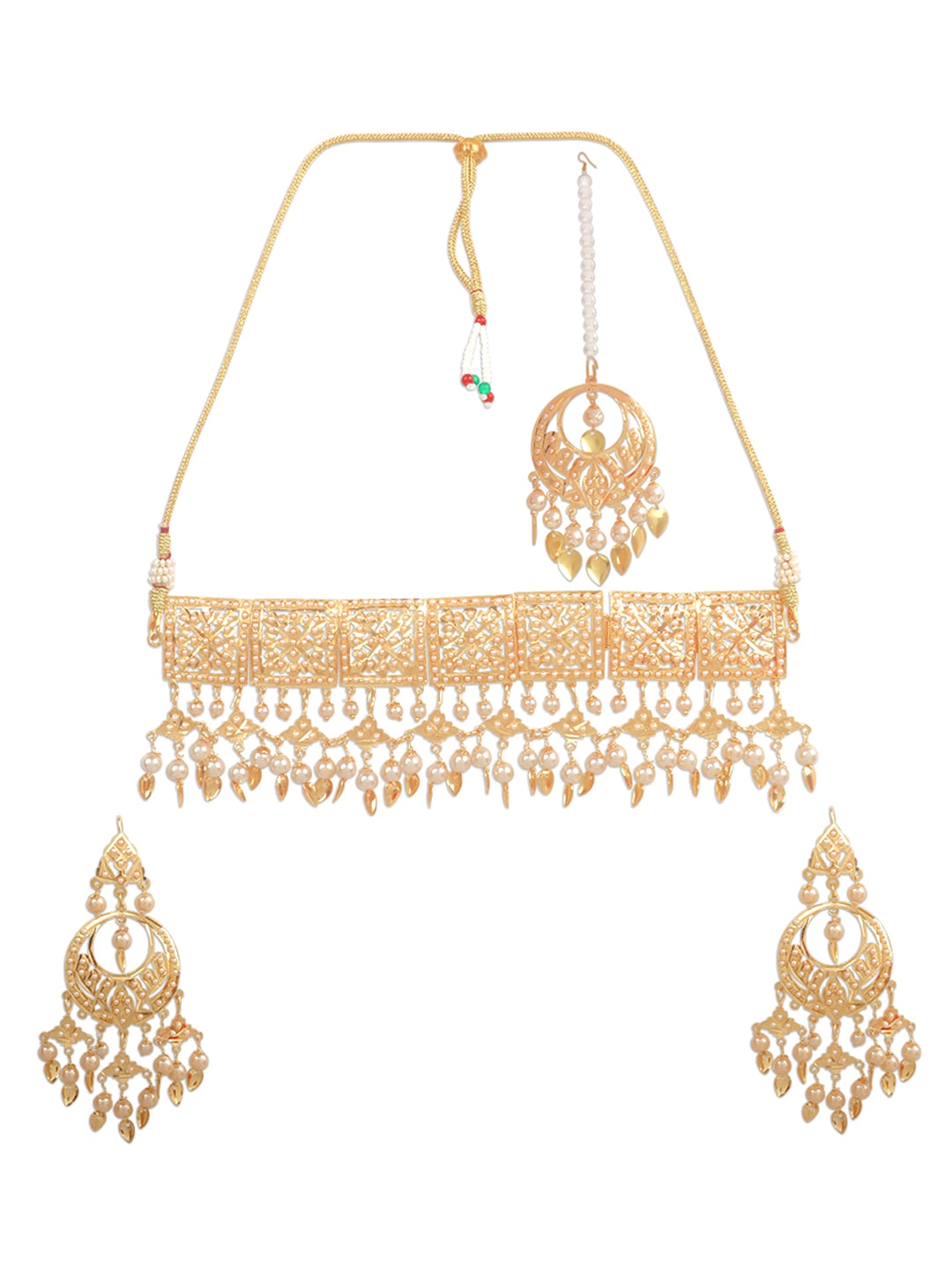 Gold-Plated White Pearl Beaded Jadau Traditional Polki Choker Jewellery Set