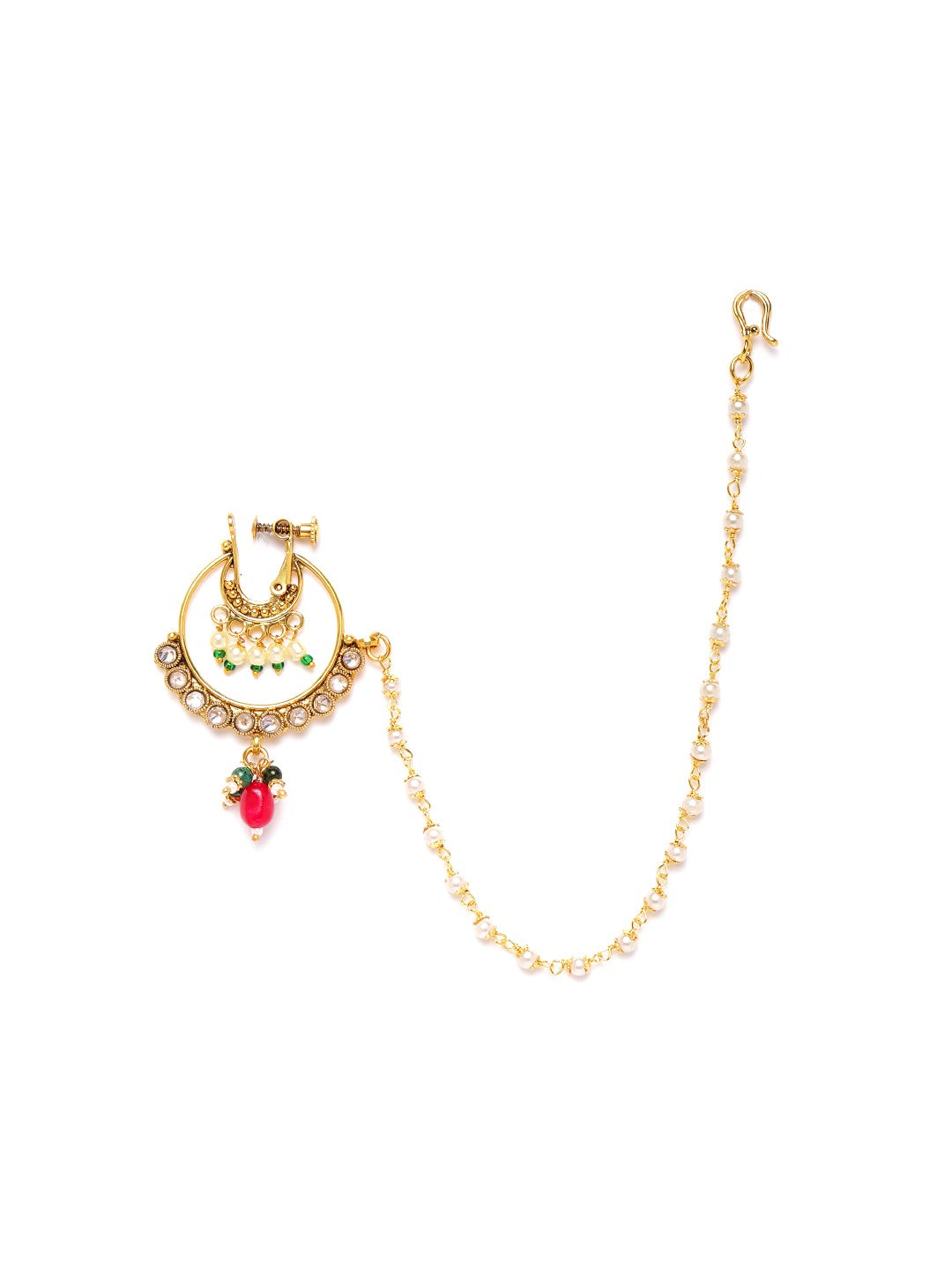 Off-White & Red Gold-Plated CZ-Studded & Beaded Chained Nose Ring