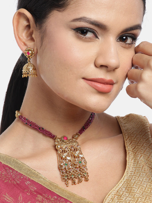 Pink Gold-Plated Handcrafted Stone-Studded Beaded Jewellery Set