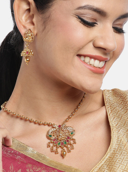 Red Gold-Plated Stone-Studded Goddess Lakshmi Handcrafted Jewellery Set