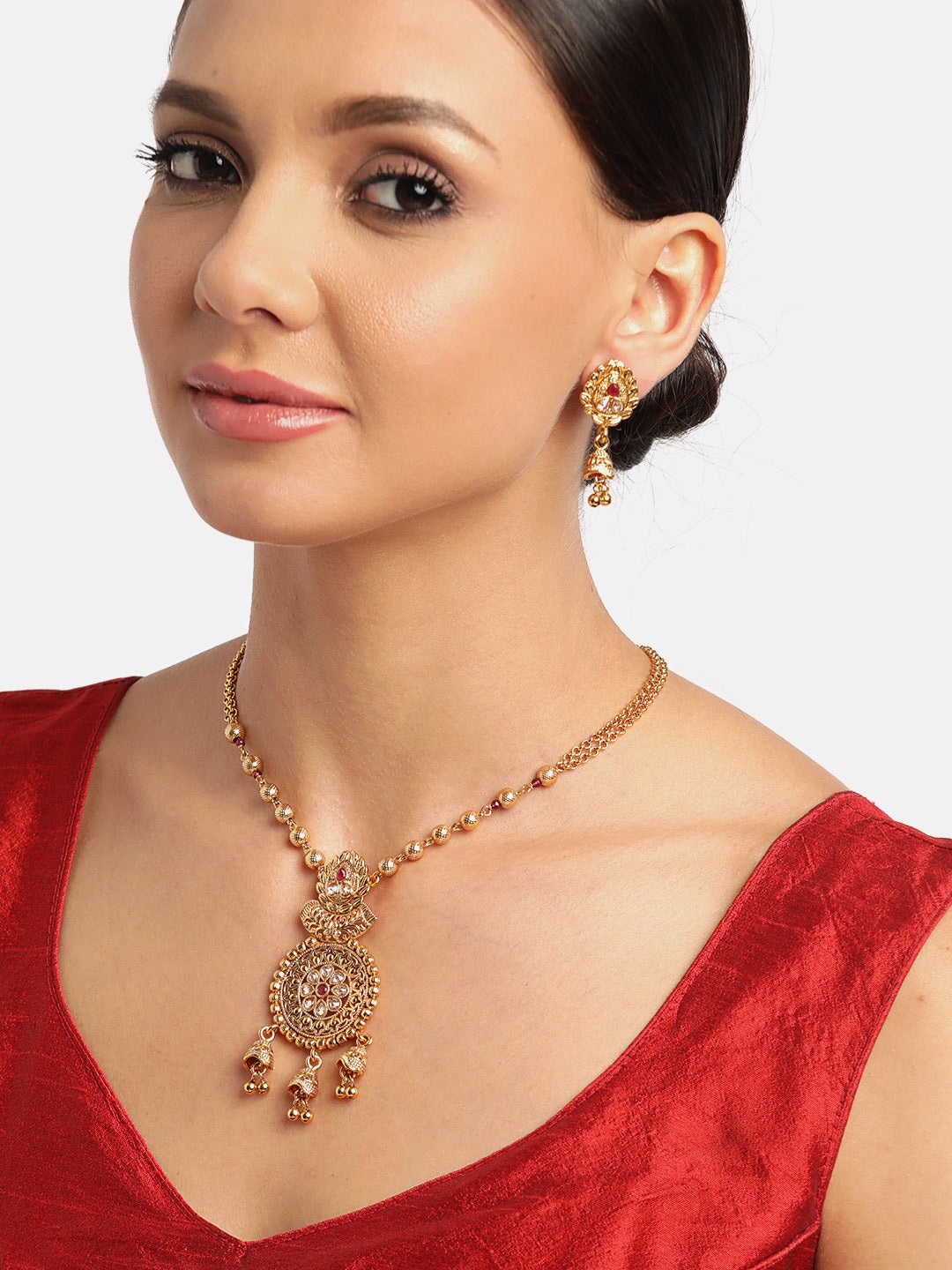 Maroon Gold-Plated Handcrafted Stone-Studded & Beaded Jewellery Set