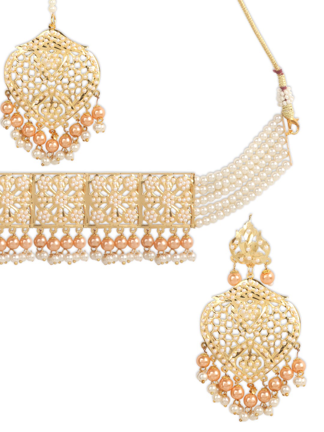 Gold-Plated White & Peach-Coloured Pearl Beaded Jewellery Set