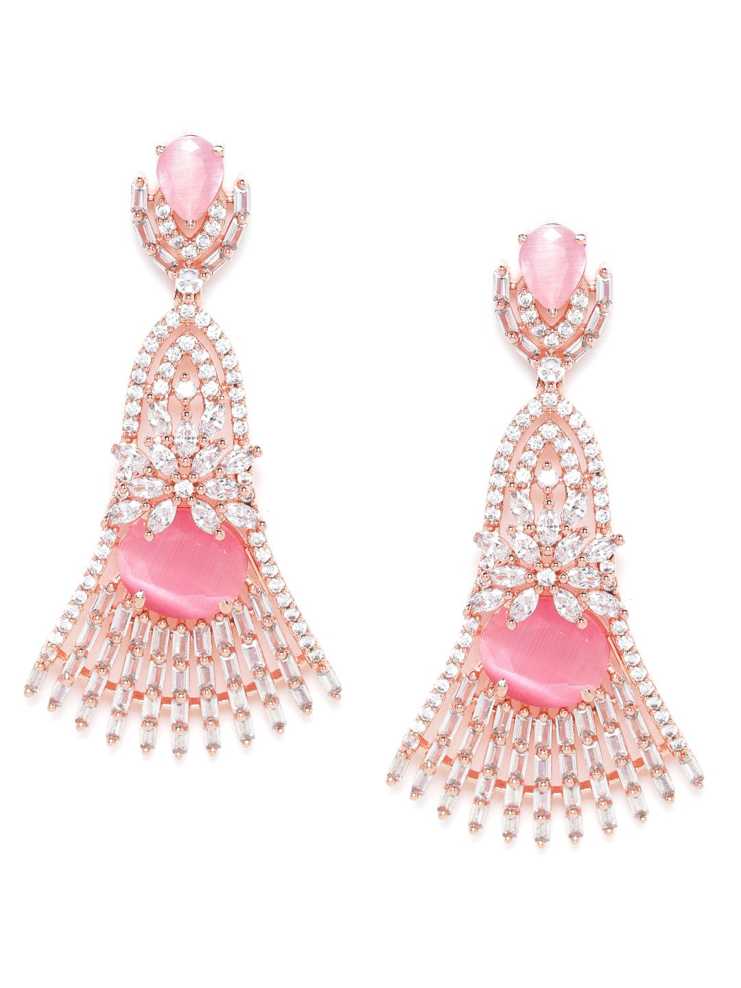 Pink Rose Gold-Plated AD Studded Handcrafted Contemporary Drop Earrings