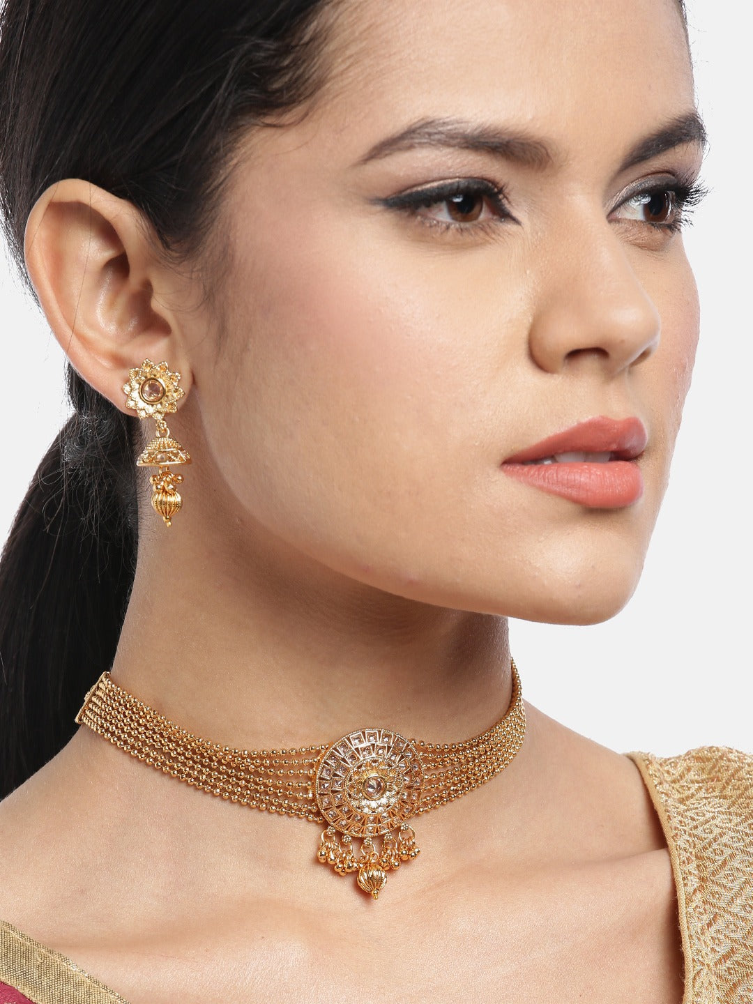 Gold-Plated Handcrafted Stone-Studded Multi-Stranded Jewellery Set