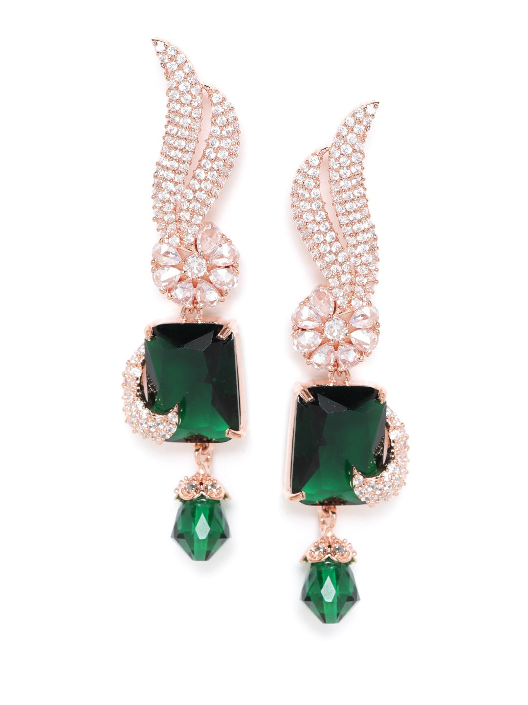 Green Rose Gold-Plated AD-Studded Handcrafted Contemporary Drop Earrings