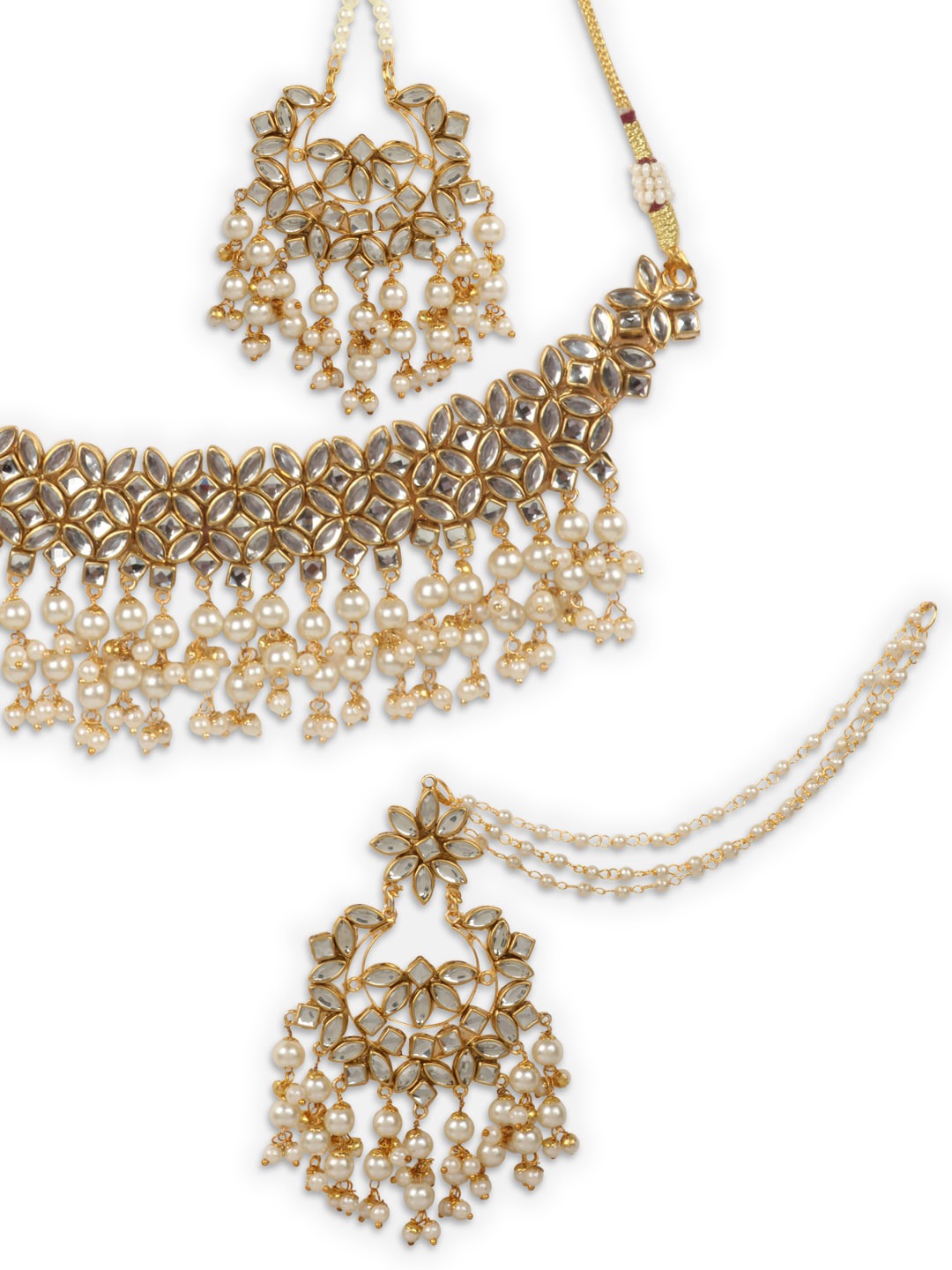 Gold-Plated White Stone-Studded & Beaded Jadau Jewellery Set