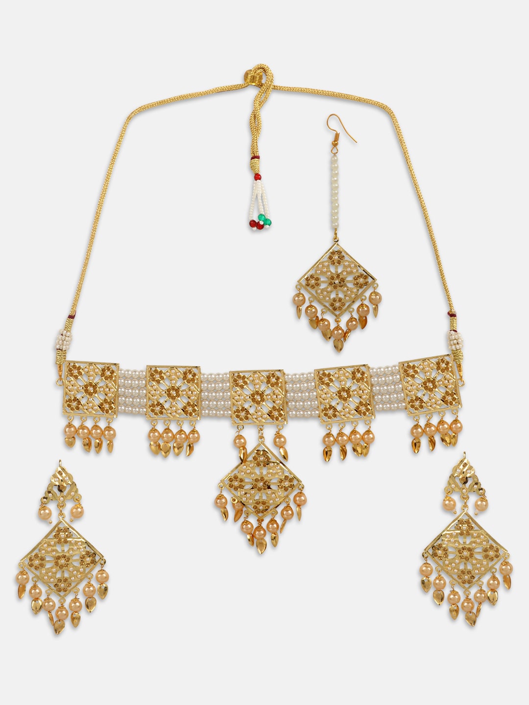 Gold-Plated White & Beige Pearl-Beaded & Stone-Studded Handcrafted Jewellery Set ( American Diamond , Gold , White )