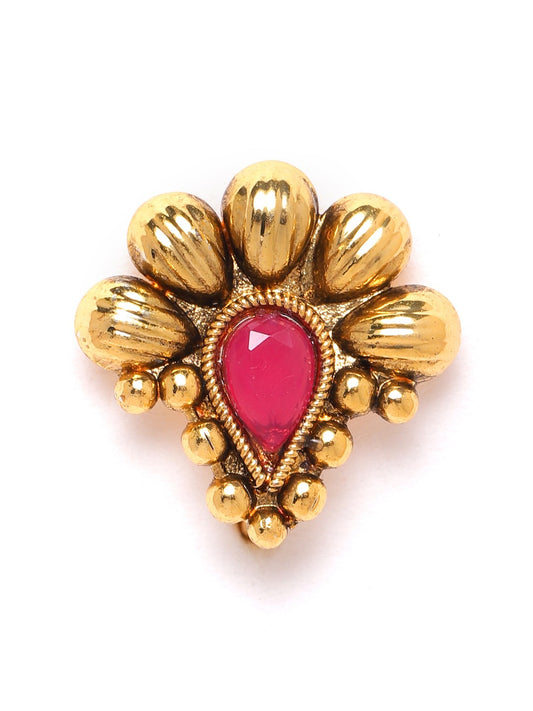 Pink Antique Gold-Plated Stone-Studded Nose Pin