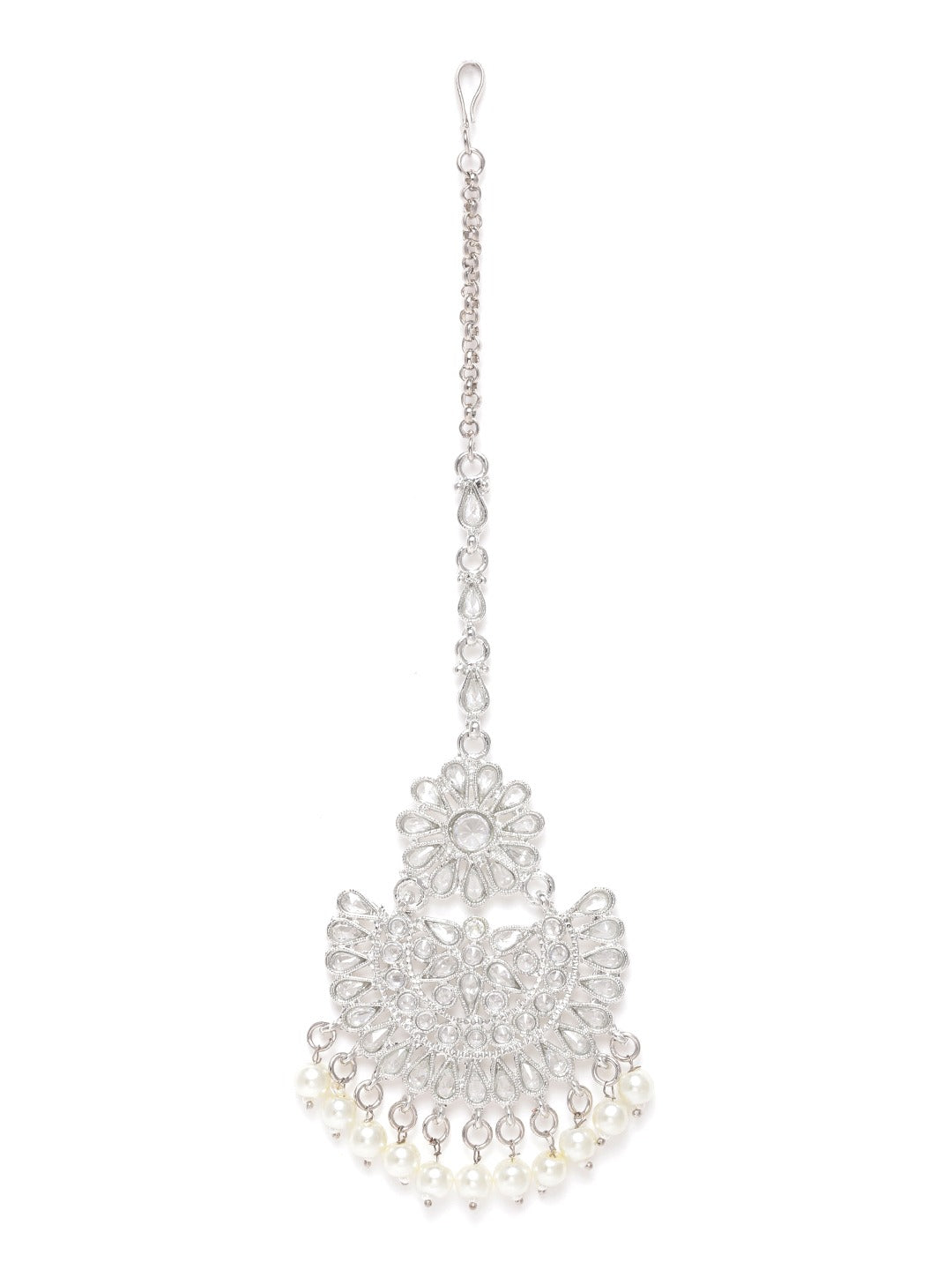 White Silver-Plated Stone-Studded & Beaded Floral Shaped Maang Tika