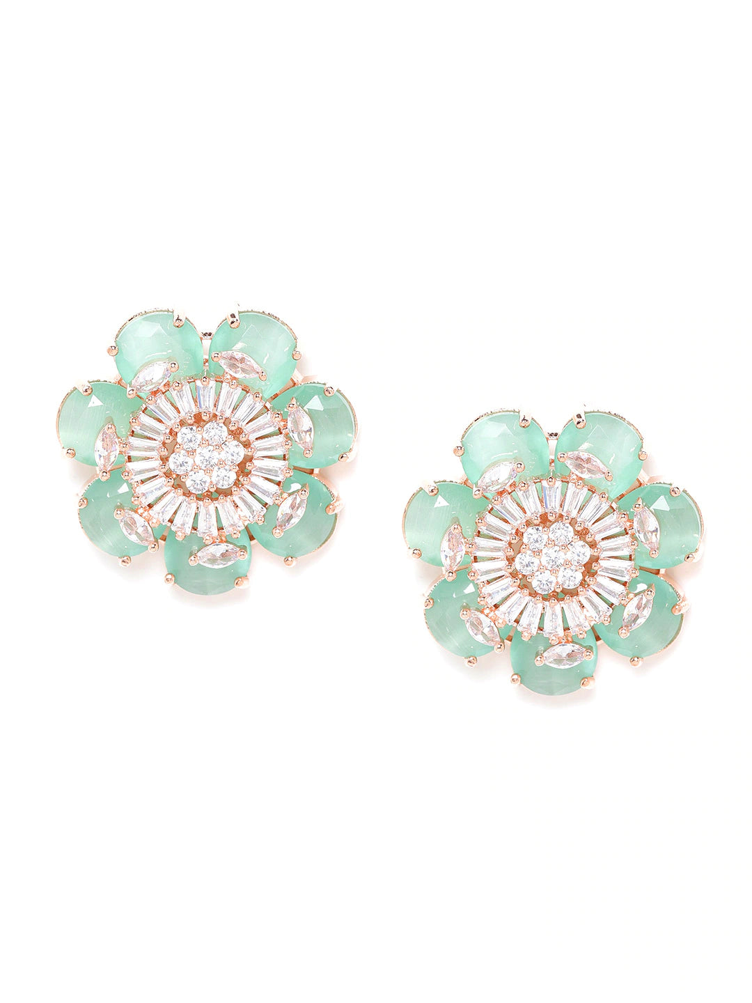 Sea Green Rose Gold-Plated Handcrafted Floral AD Studs