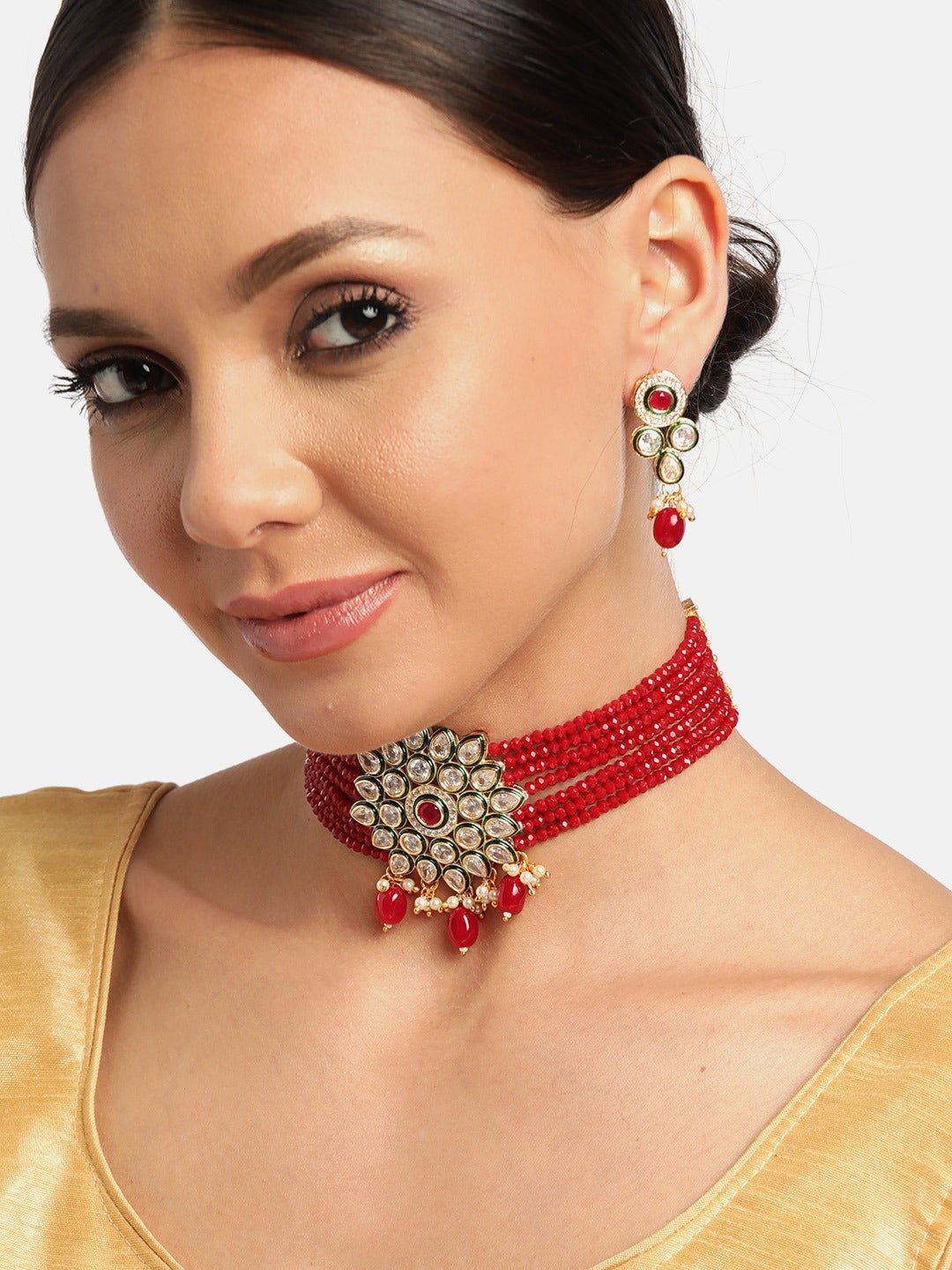 Maroon Gold-Plated Kundan Studded & Beaded Handcrafted Jewellery Set