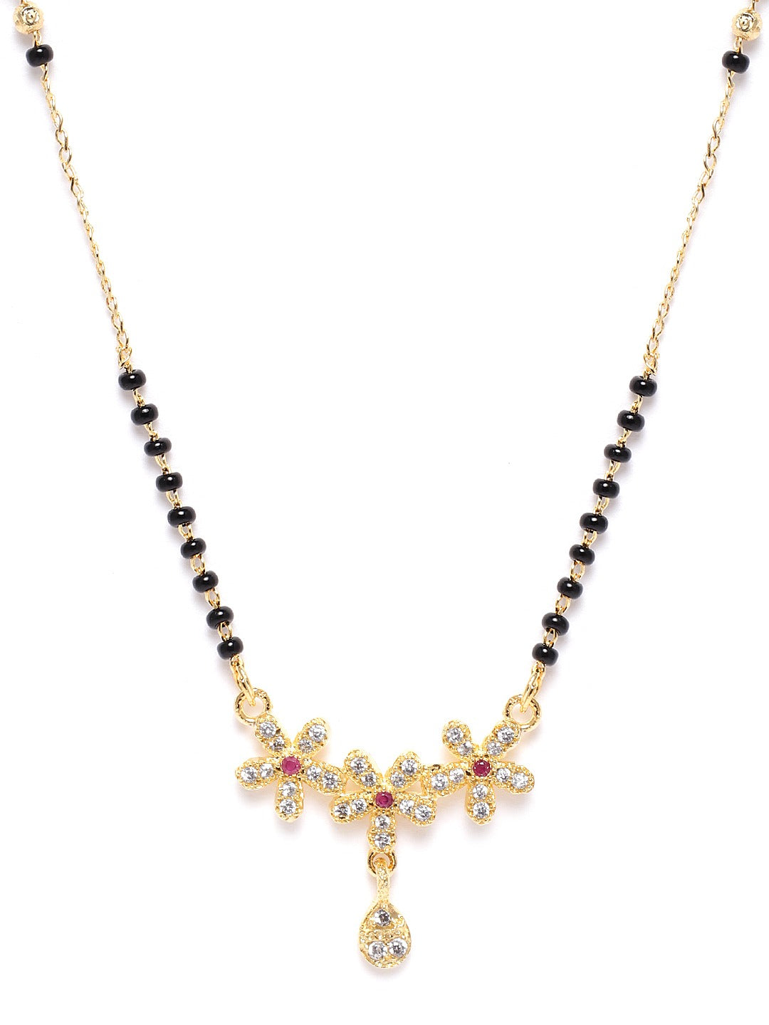 Black & Magenta Gold-Plated AD-Studded & Beaded Mangalsutra
