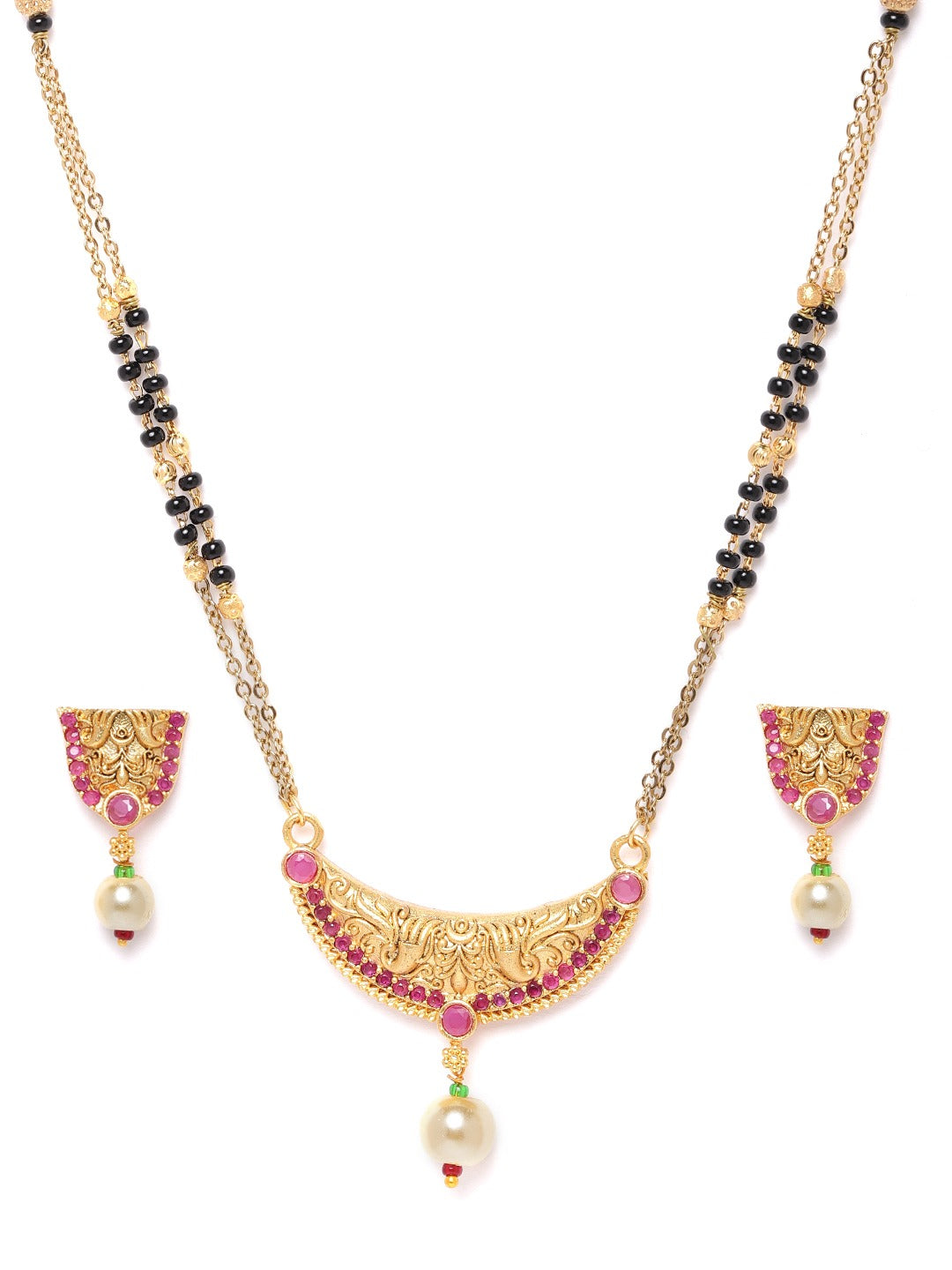 Black & Pink Gold-Plated Stone-Studded & Beaded Mangalsutra & Earrings Set