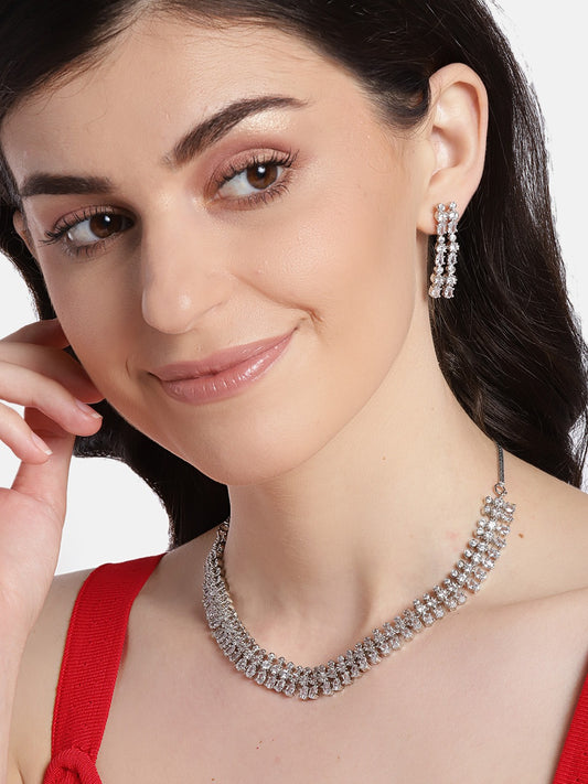 Silver-Toned Rhodium-Plated AD-Studded Handcrafted Jewellery Set