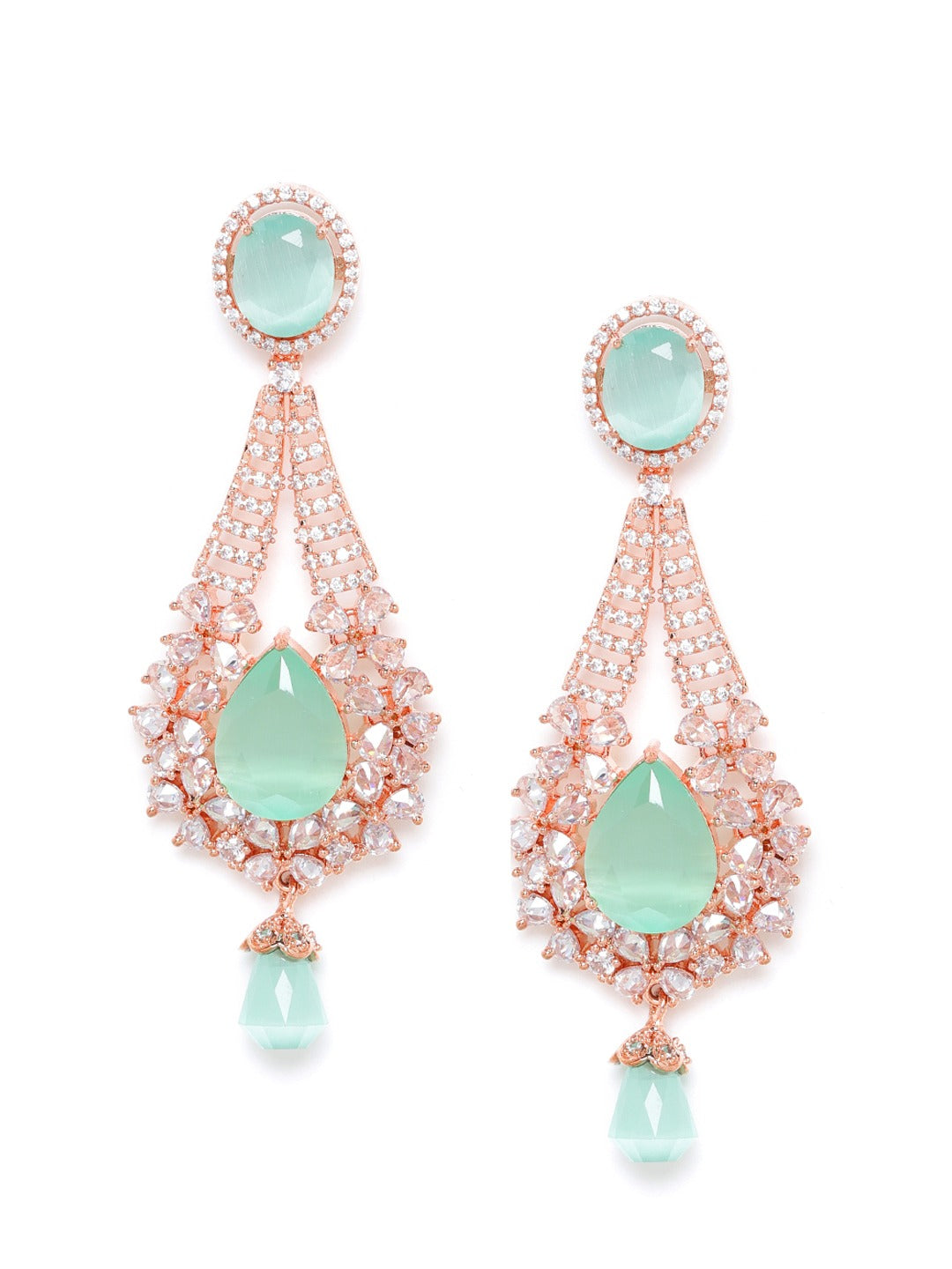Rose Gold-Plated AD Studded Beaded Handcrafted Teardrop Shaped Drop Earrings