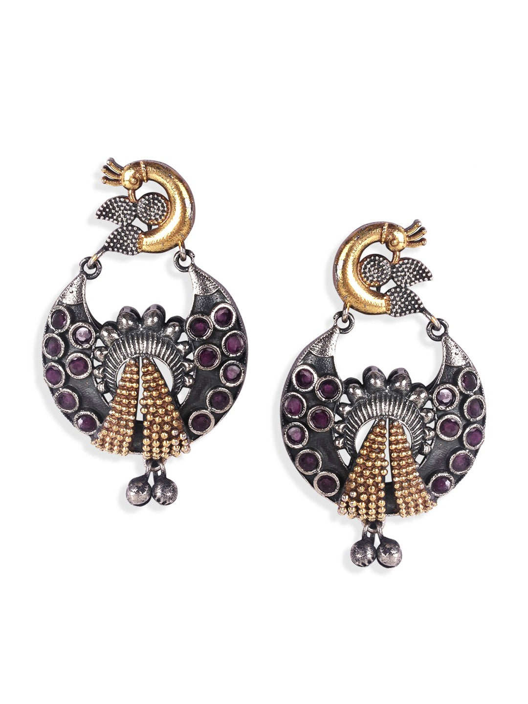 Silver-Toned & Gold-Toned Oxidised Peacock Shaped Chanbalis