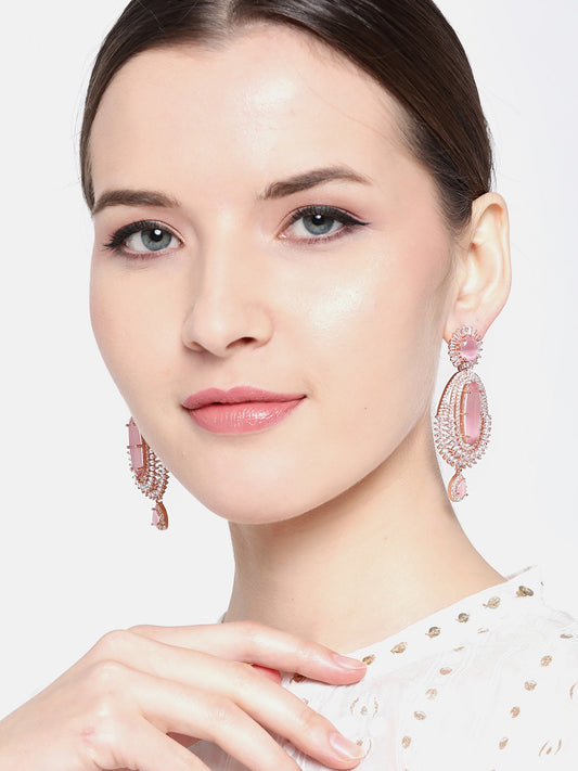 Pink Rose Gold-Plated AD Studded Handcrafted Oval Drop Earrings