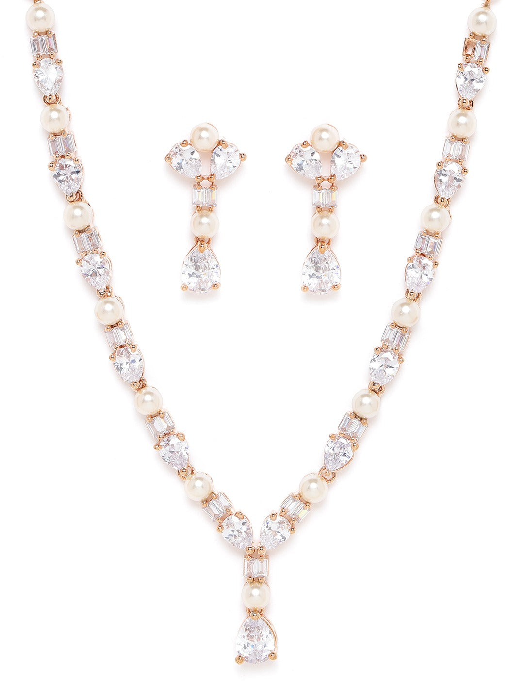 Off-White Rose Gold-Plated AD-Studded Beaded Handcrafted Jewellery Set