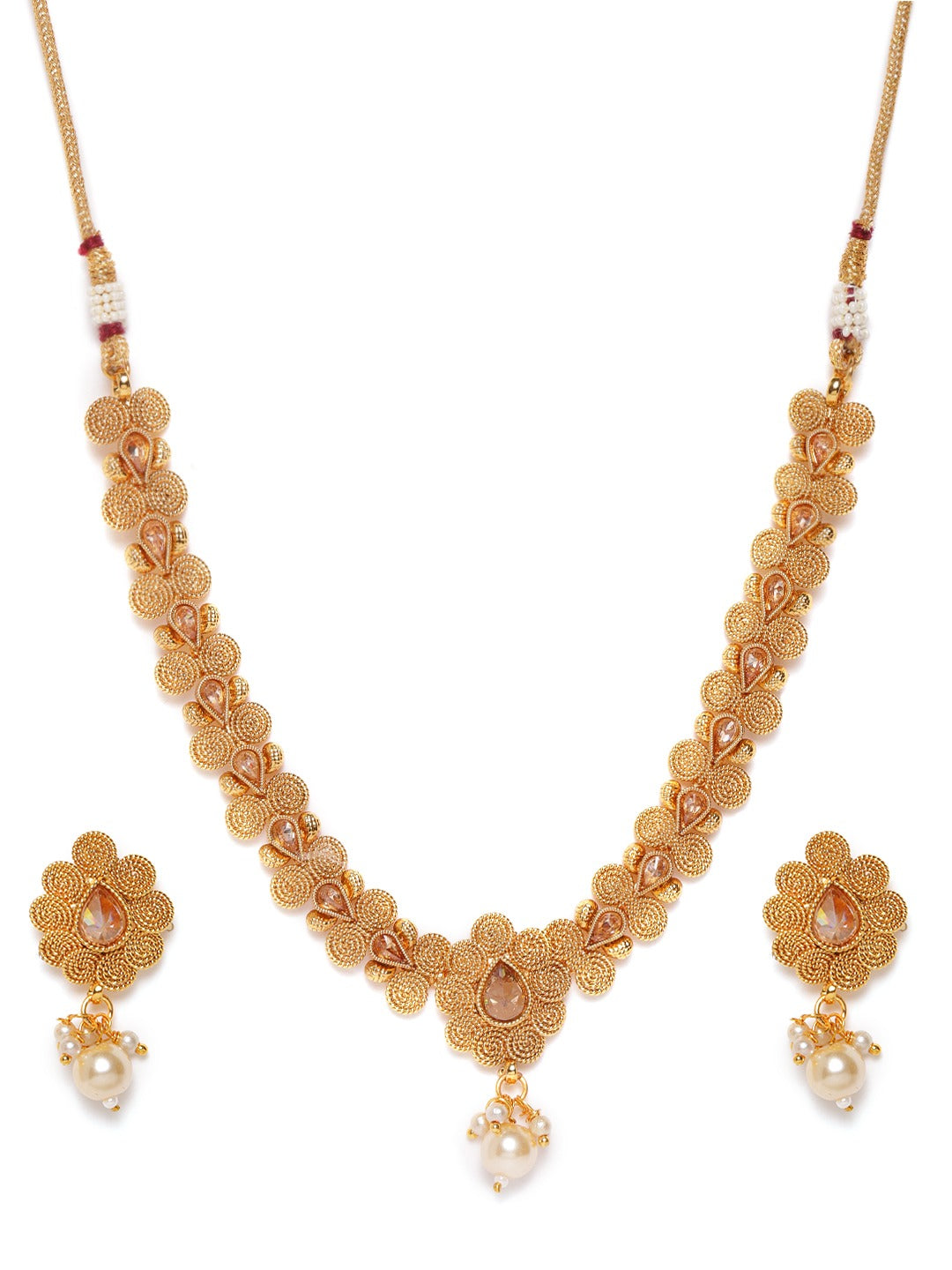 Off-White Gold-Plated Handcrafted Stone-Studded Beaded Jewellery Set ( American Diamond , Gold , Off White )