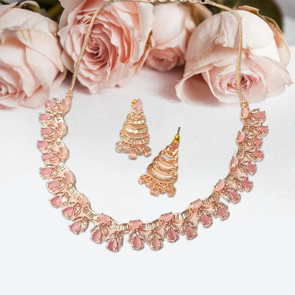 Pink and Rose Gold Plated American diamond Necklace Set