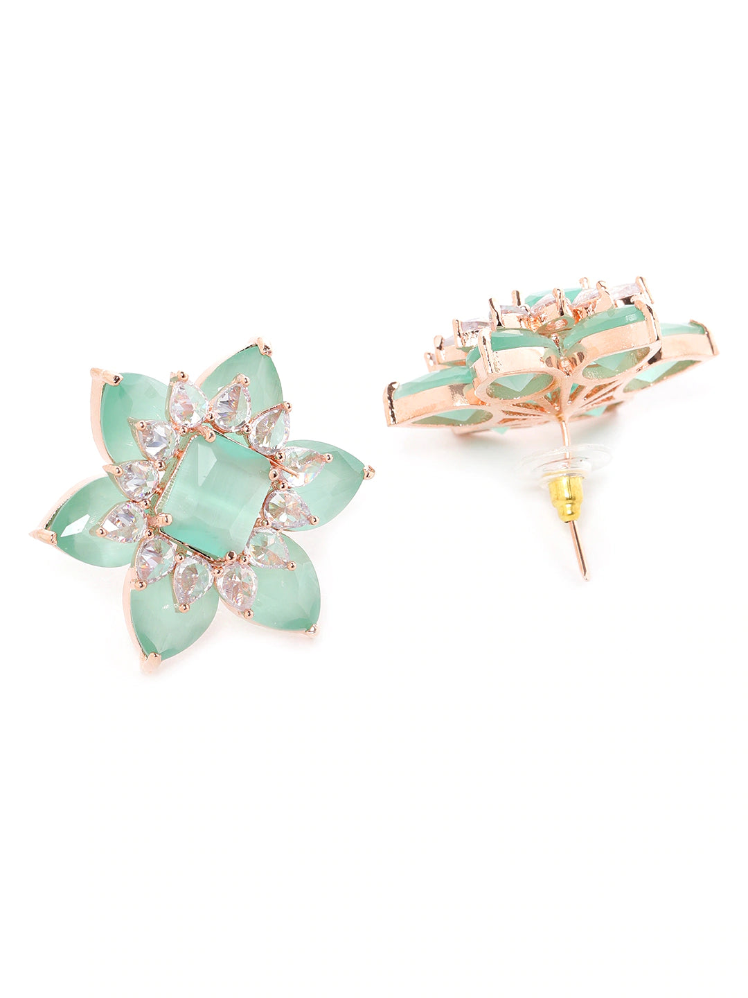 Green Rose Gold-Plated AD Studded Handcrafted Floral Studs