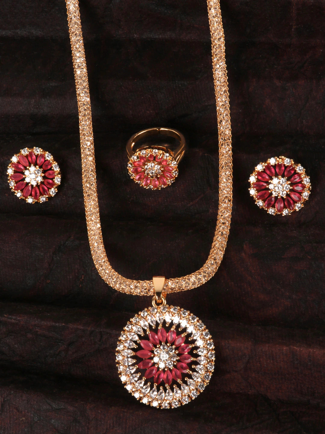 Pink Gold-Plated American Diamond-Studded Floral Shaped Jewellery Set