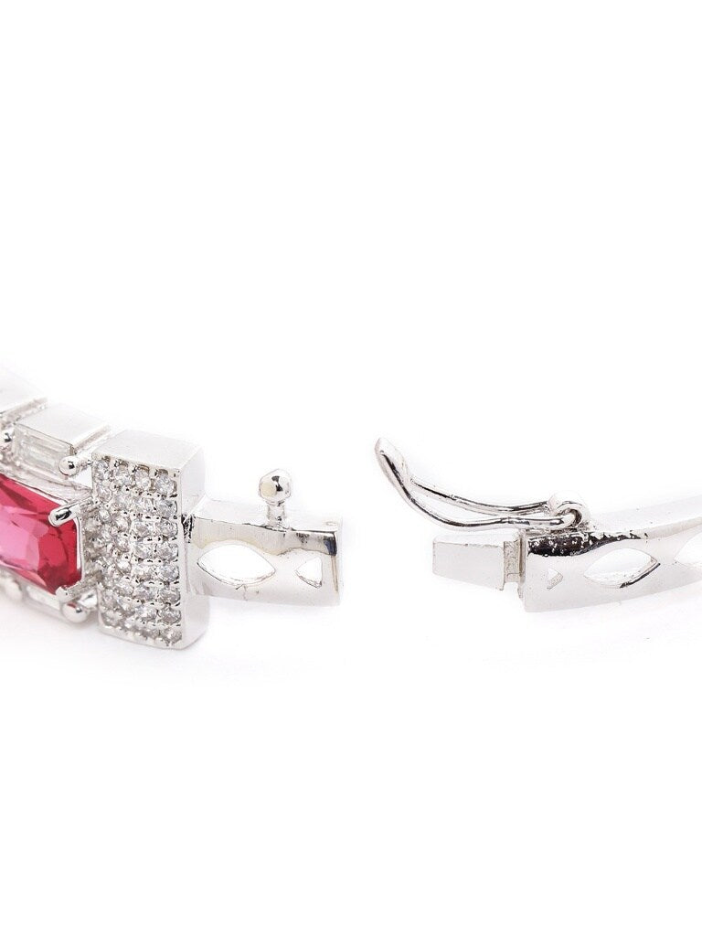 Magenta Silver-Plated AD-Studded Handcrafted Bangle-Style Bracelet