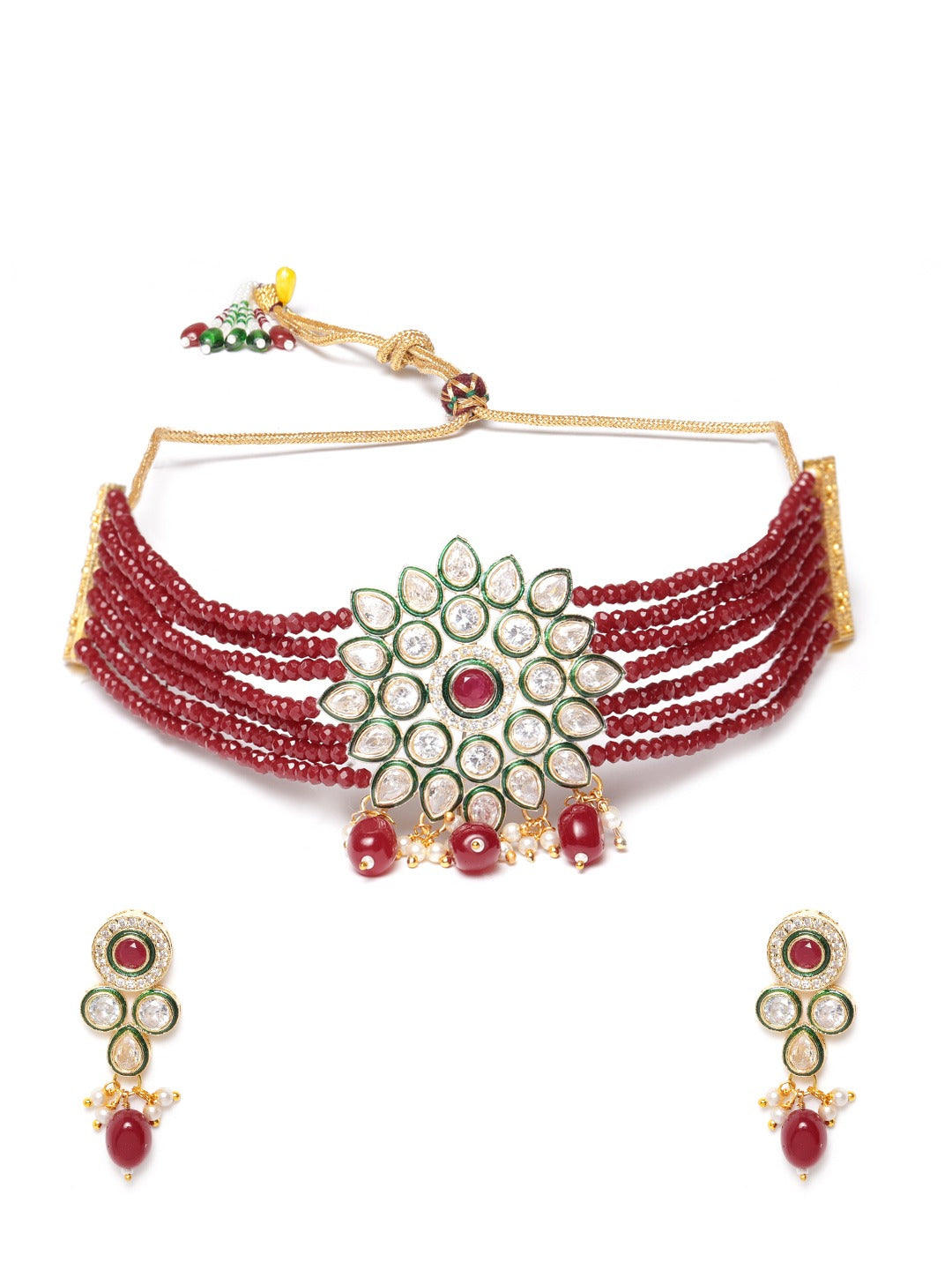 Maroon Gold-Plated Kundan Studded & Beaded Handcrafted Jewellery Set