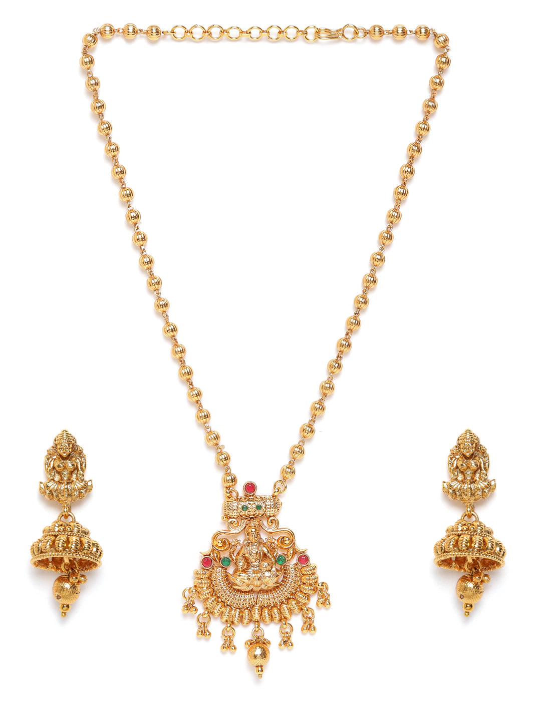 Maroon & Green Gold-Plated Stone Studded Handcrafted Temple Jewellery Set