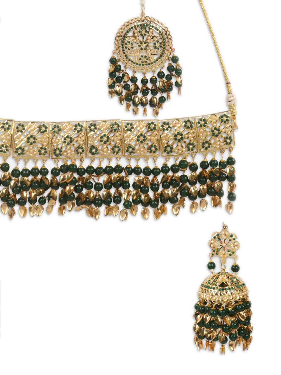 Gold-Plated Green & White Stone-Studded & Beaded Jadau Jewellery Set