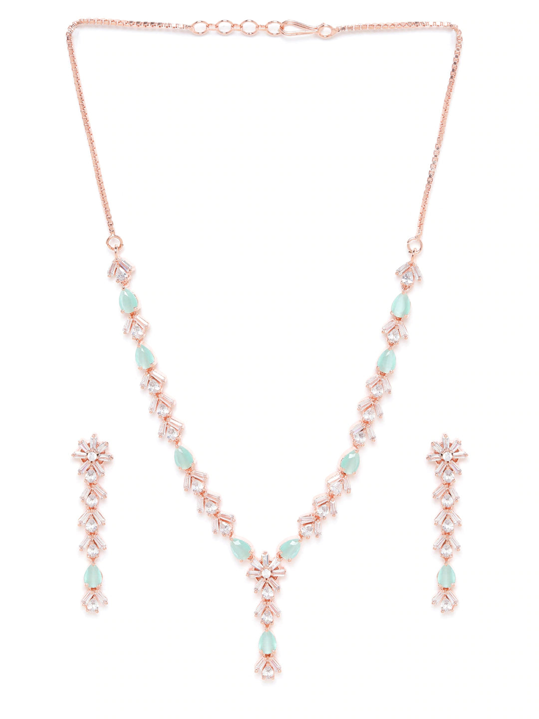 Sea Green Rose Gold Plated AD Studded Handcrafted Traditional Necklace Set ( American Diamond , Rose Gold , Sea Green )