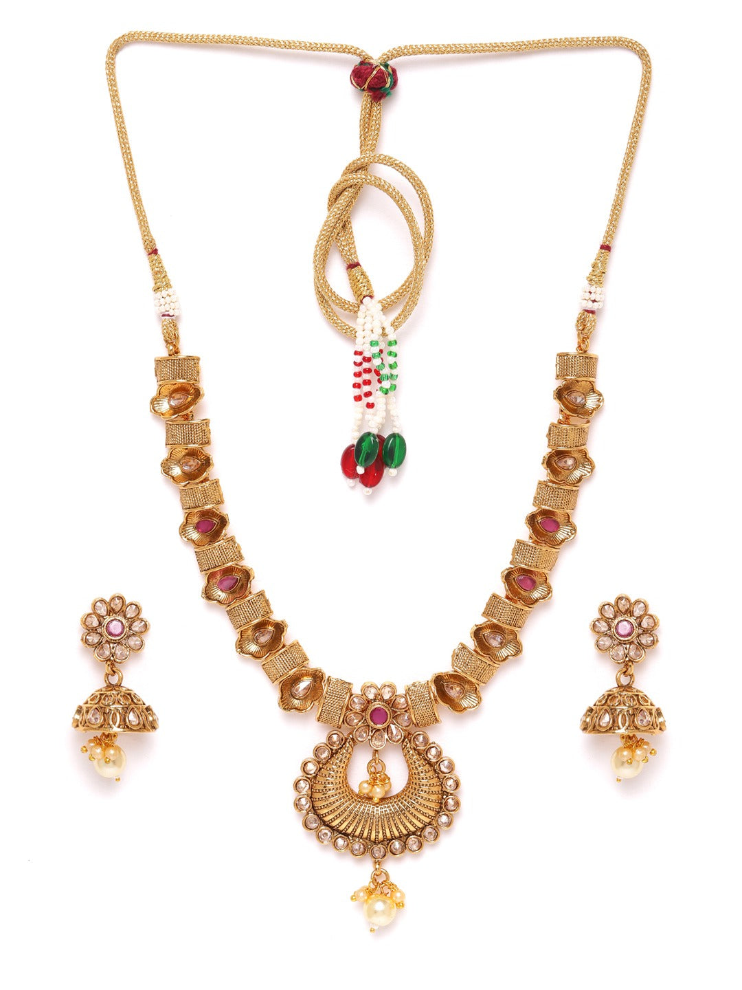 Magenta Antique Gold-Plated CZ-Studded & Beaded Handcrafted Jewellery Set
