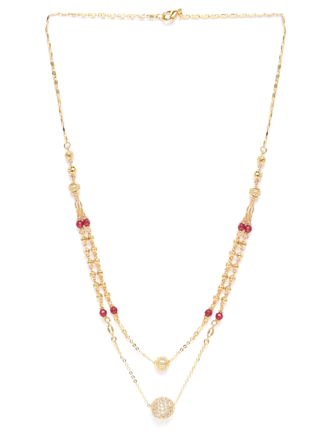 Maroon Gold-Plated AD Studded & Beaded Layered Mangalsutra