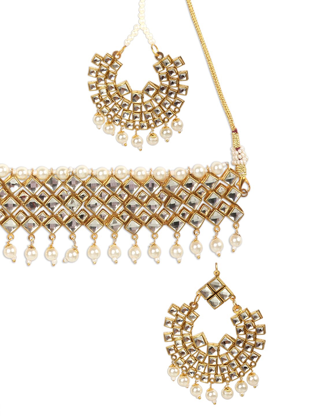 Gold-Plated White Pearl Beaded & Stone-Studded Jadau Traditional Jewellery Set