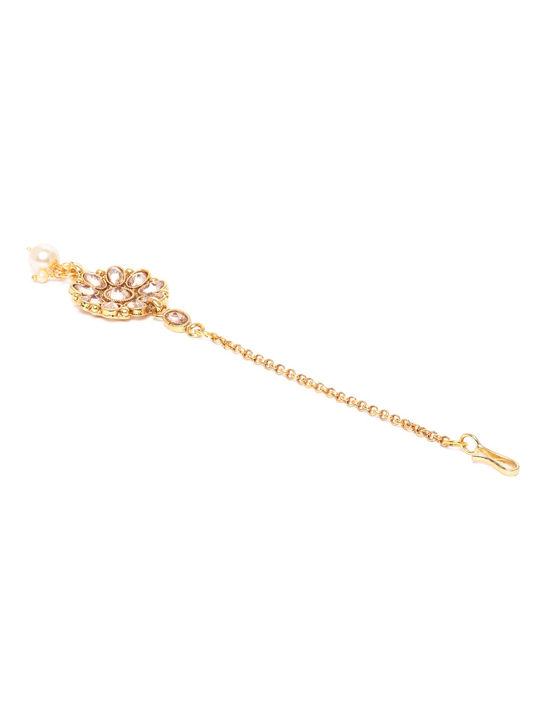 Off-White Gold-Plated Stone-Studded & Beaded Floral Shaped Maang Tikka
