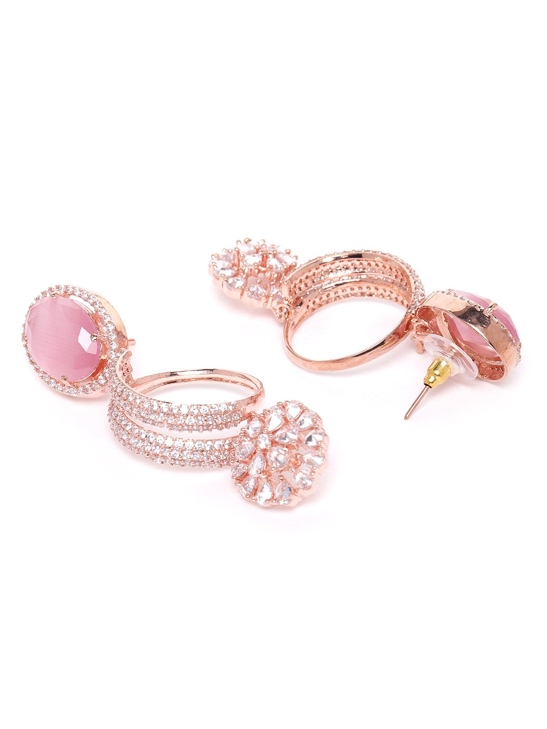 Pink Rose Gold-Plated Handcrafted AD-Studded Circular Drop Earrings