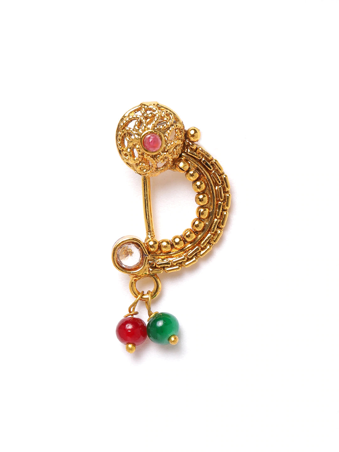 Maroon Antique Gold-Plated CZ-Studded & Beaded Maharashtrian Nose Pin