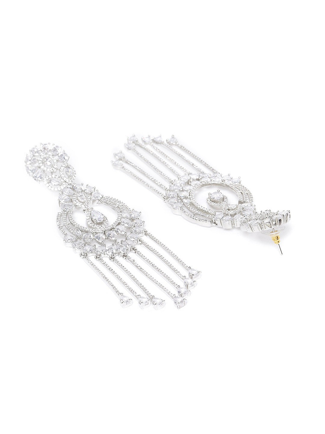 Silver-Plated AD-Studded Handcrafted Contemporary Drop Earrings