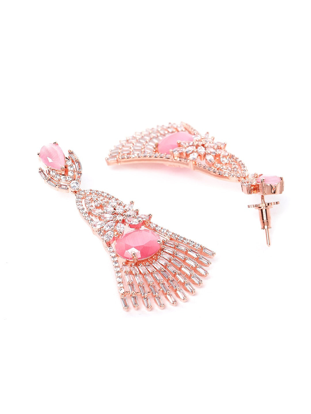 Pink Rose Gold-Plated AD Studded Handcrafted Contemporary Drop Earrings